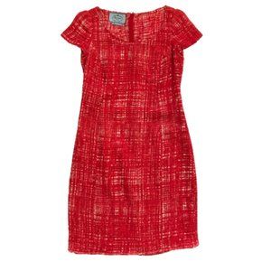 Prada Tweed Sheath Dress Womens 44 Medium Red White Short Sleeve Fringe Hem